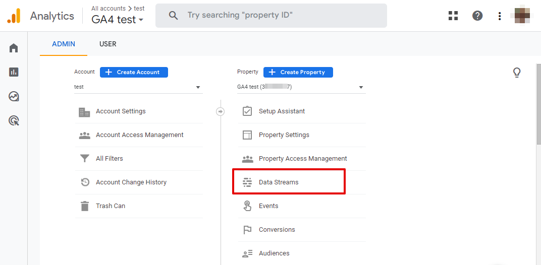 Screenshot of GA4 property settings with Data Streams highlighted