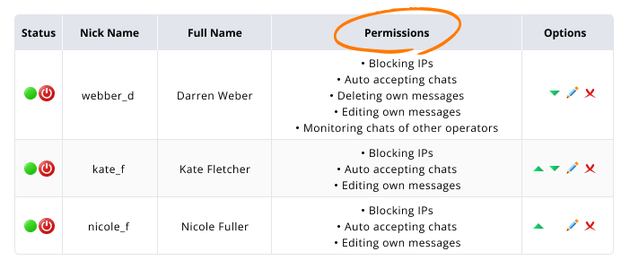 Screenshot of chat agents' permissions in the account Control Panel