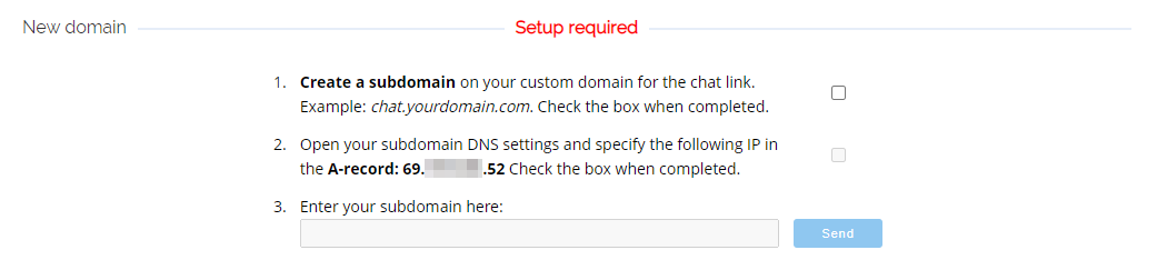 Screenshot of the custom domain setup screen