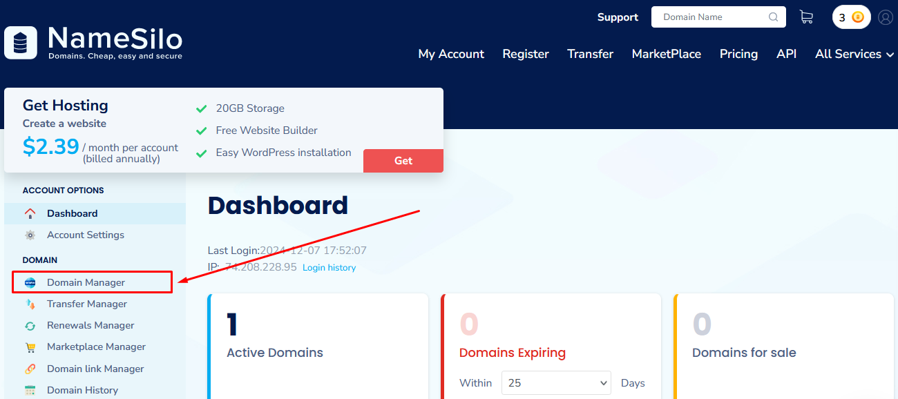 Screenshot of NameSilo admin panel Dashboard